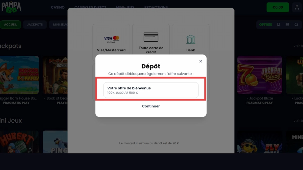 Interface pour effectuer le premier dépôt après votre inscription sur Pampago Casino